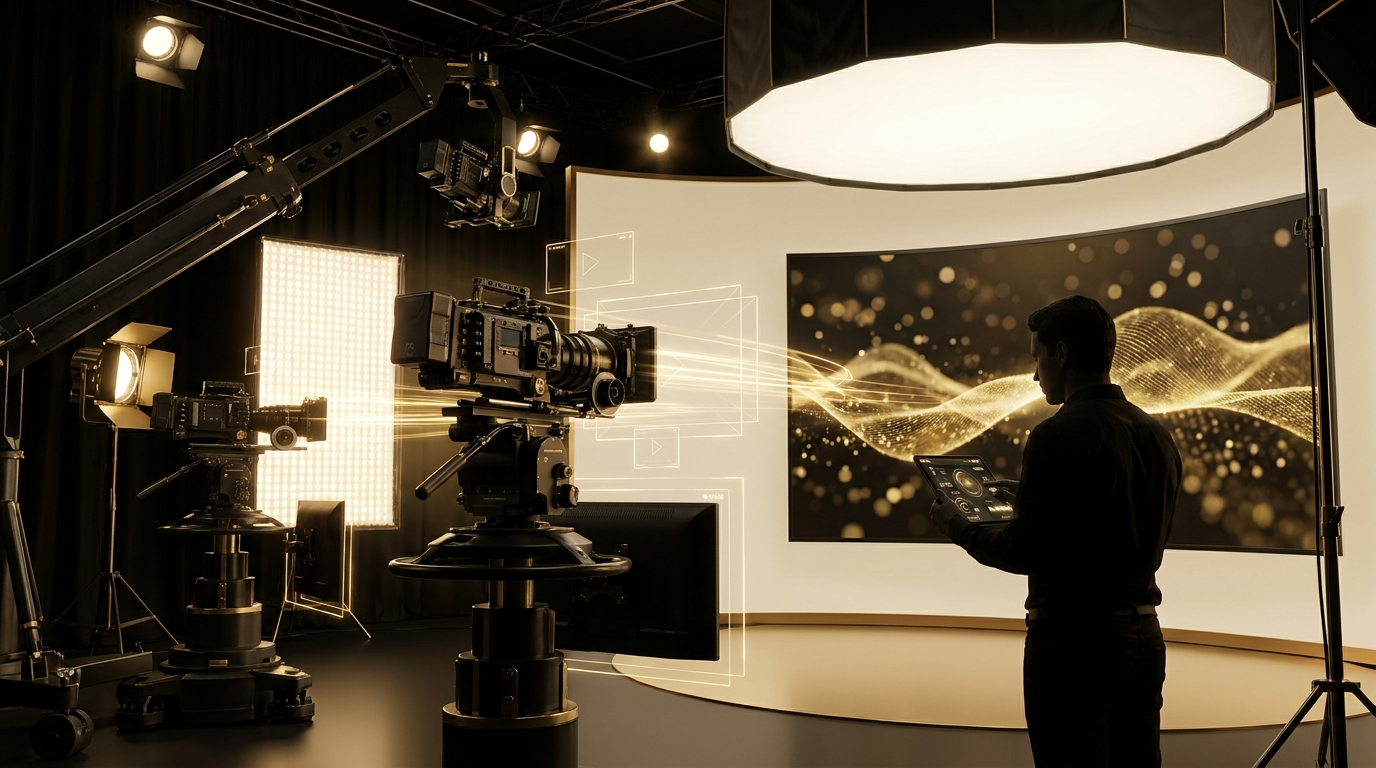Cinematic production studio with cameras, lighting, and intelligent overlays