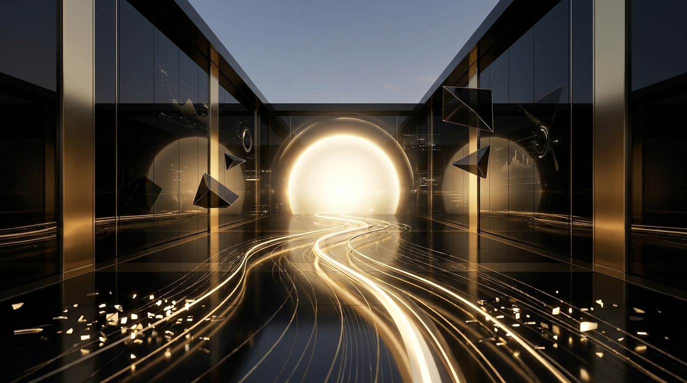 Luminous corridor representing the path from imagination to intelligent outcomes